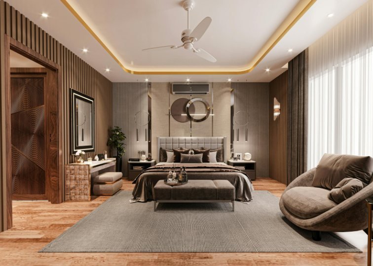 Master bedroom with lounge seating and warm timber flooring