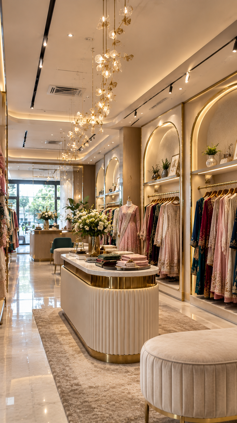 Boutique interior with a stone counter and hanging rails