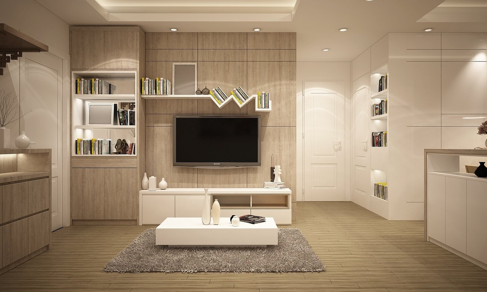 Living room with a built-in TV unit and open shelving