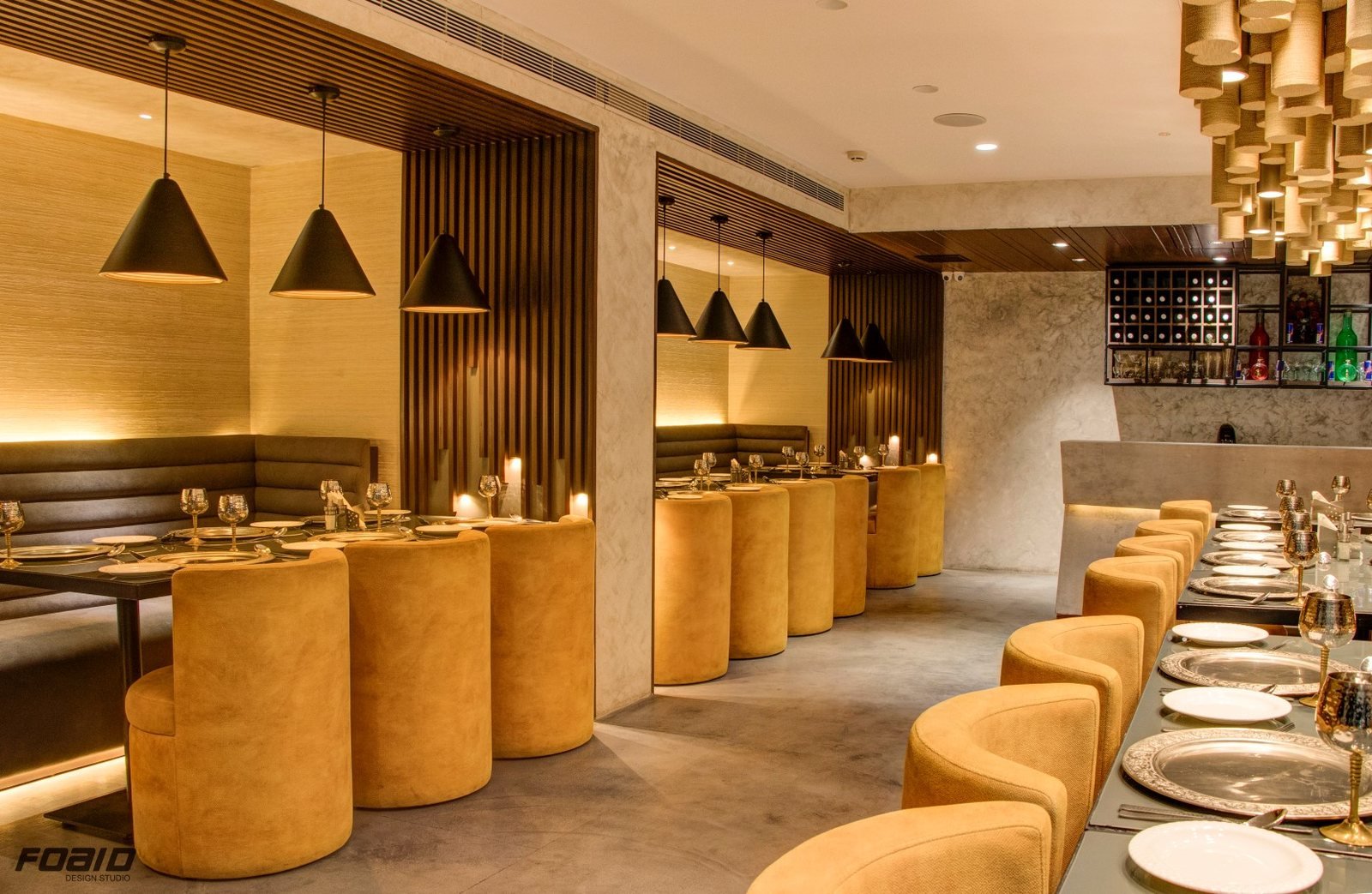 Restaurant seating with timber slats and pendant lighting