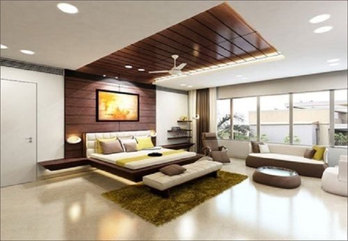 Bedroom with timber ceiling detail and low platform bed