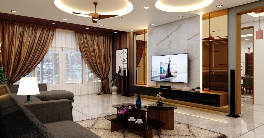 Living room with full-height drapes and marble TV wall