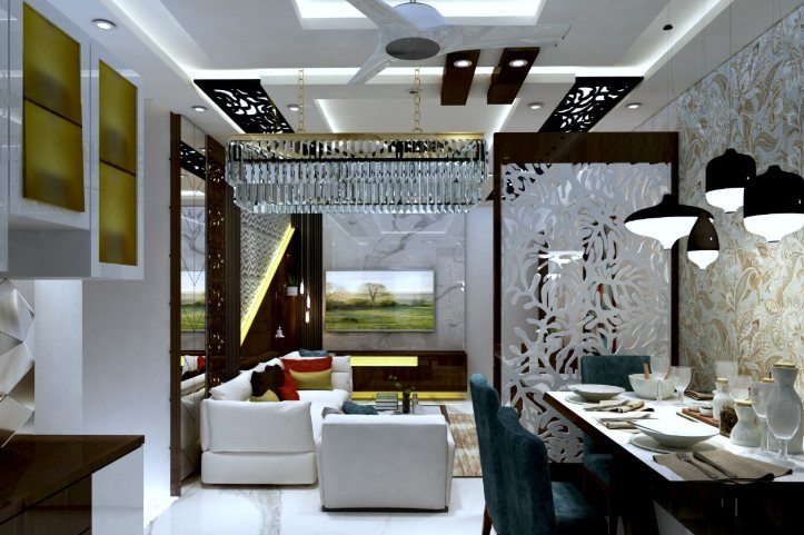 Dining and living room divided by a carved jali screen