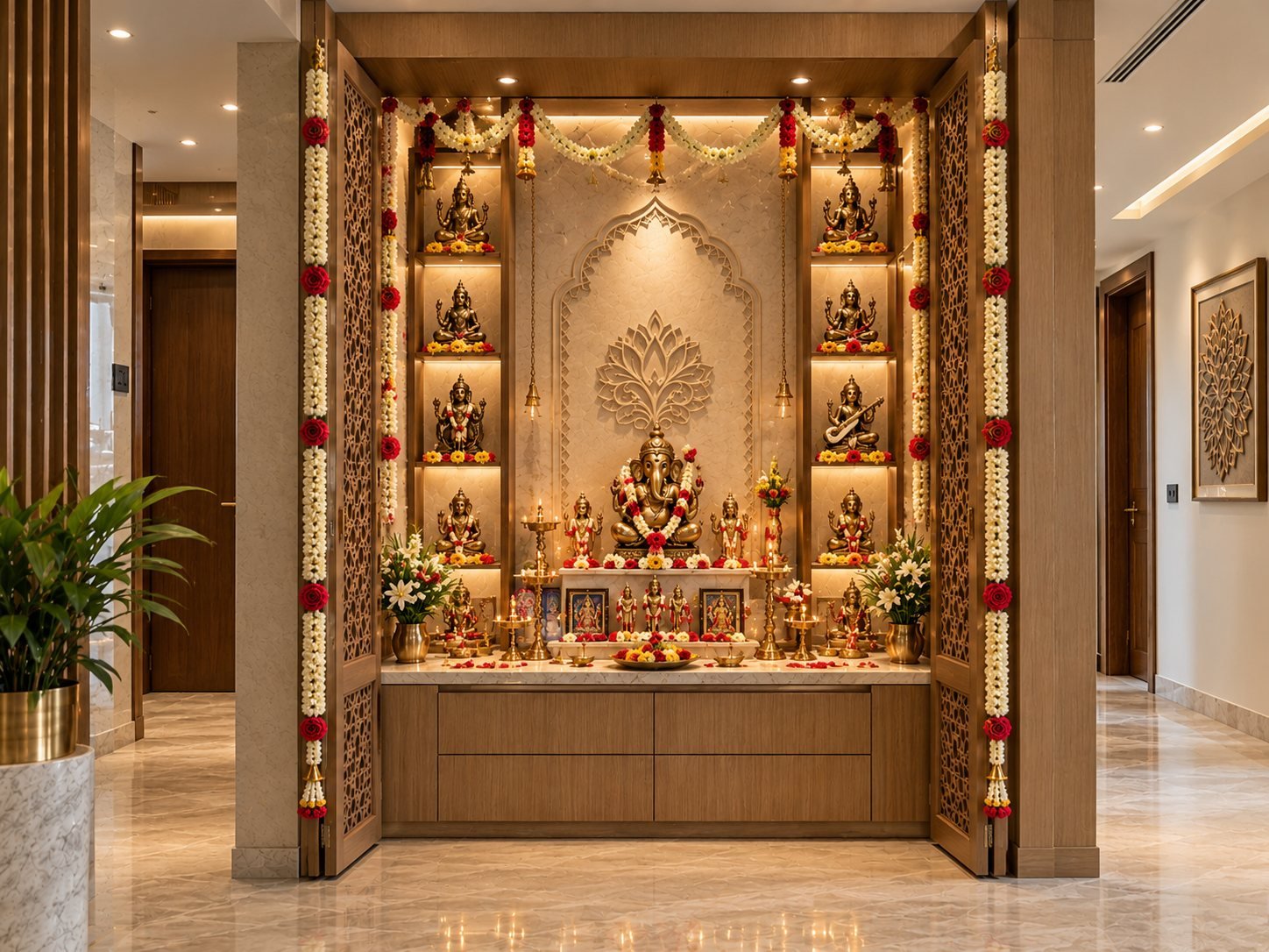 Floral-decorated pooja shrine with carved timber panels
