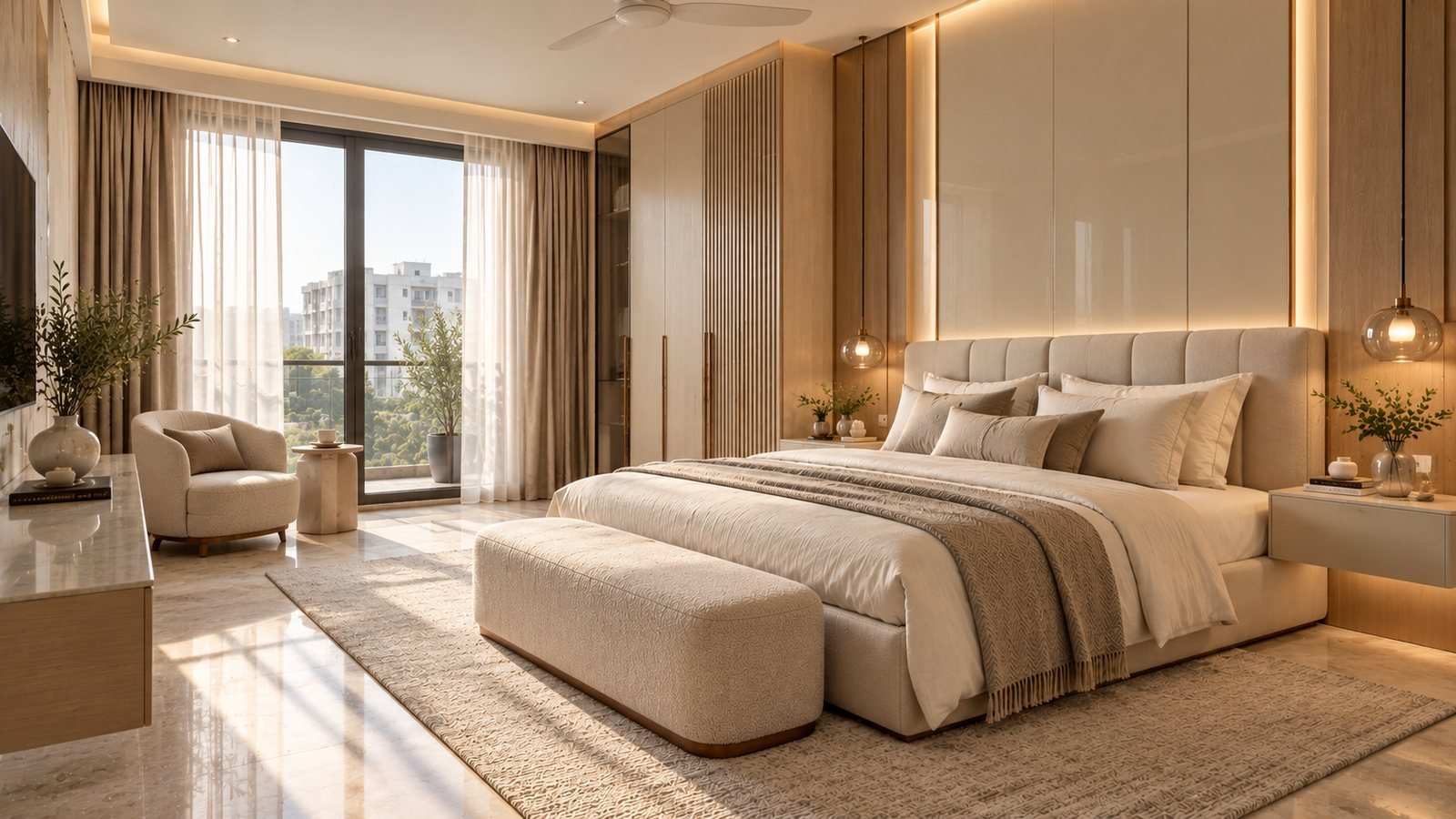 Bedroom retreat with a cream upholstered bed and window drapes