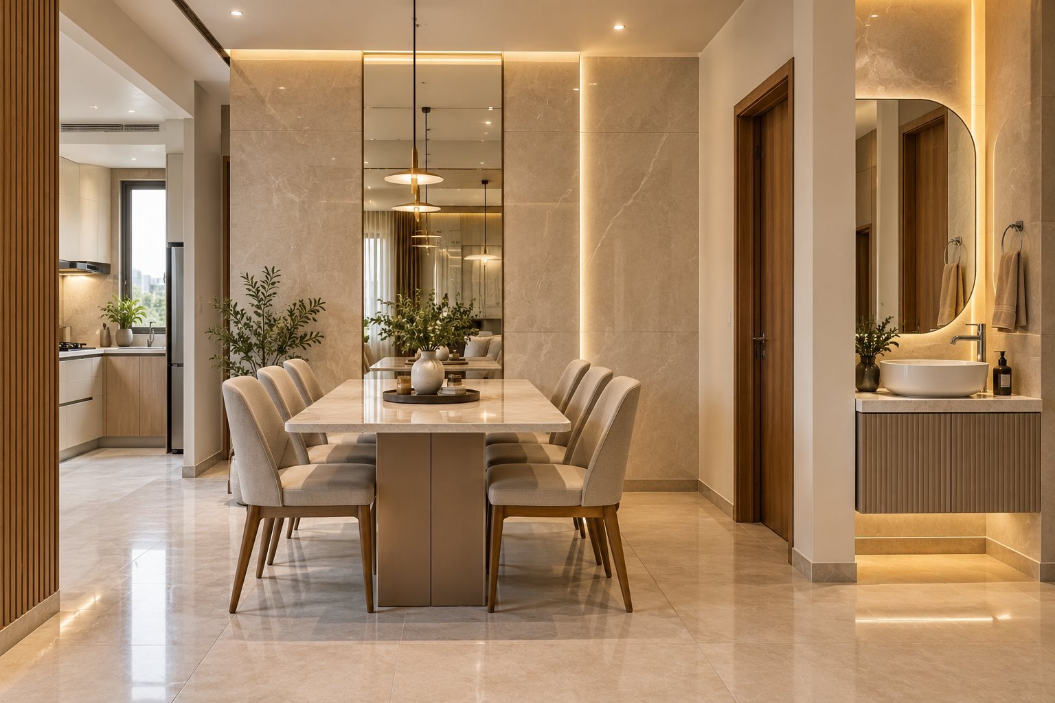 Dining room with a marble-clad wall, mirror panel and vanity nook