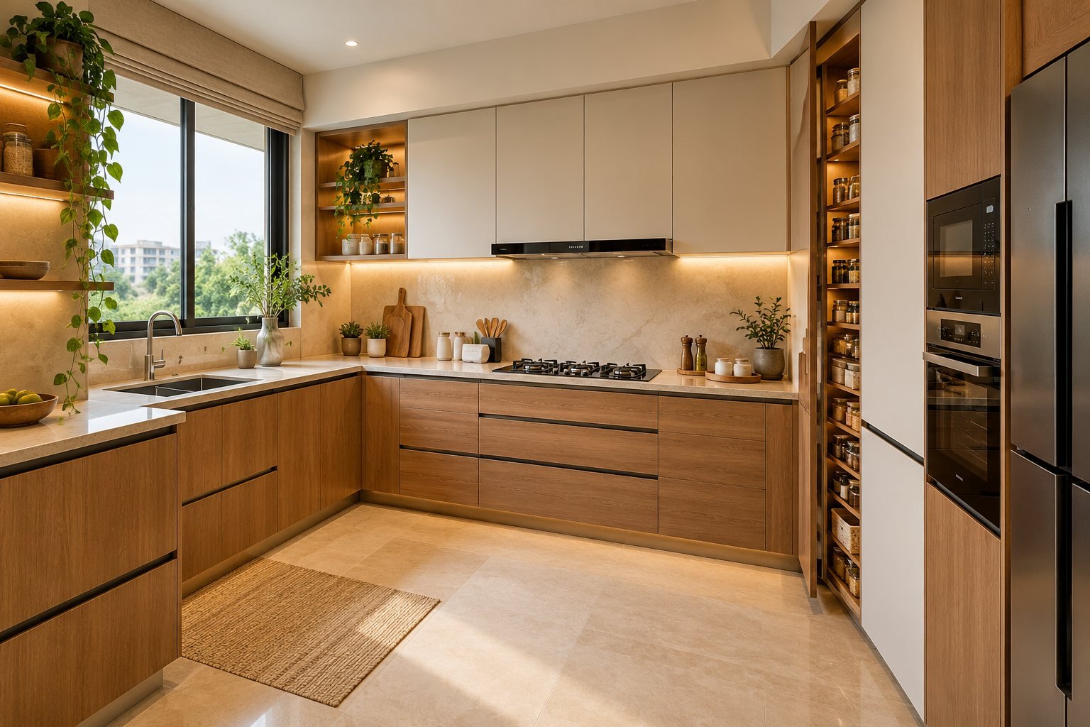 L-shaped kitchen with timber cabinetry and a window over the sink