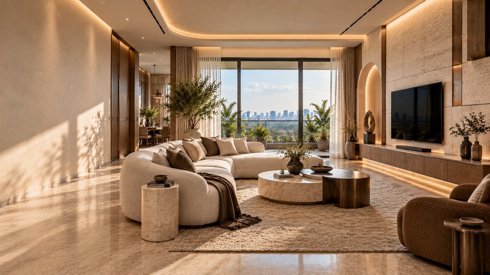 Living room with curved seating, cove lighting and city views