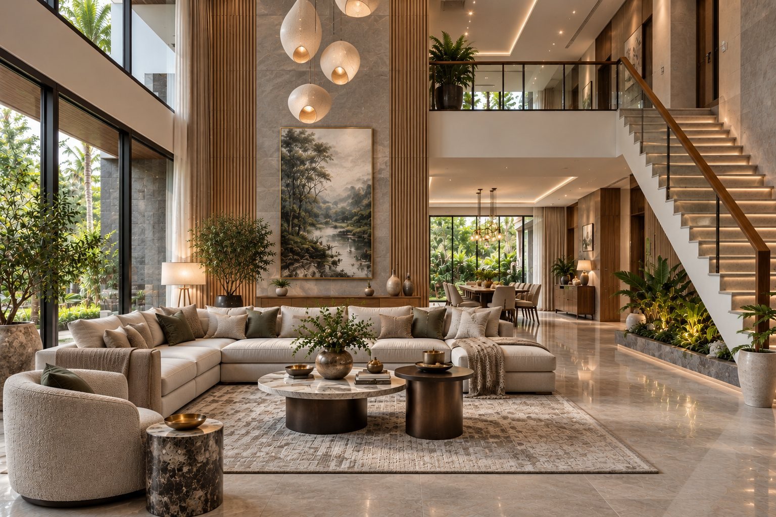 Tropical living room with a double-height ceiling, floating staircase and pendant lights
