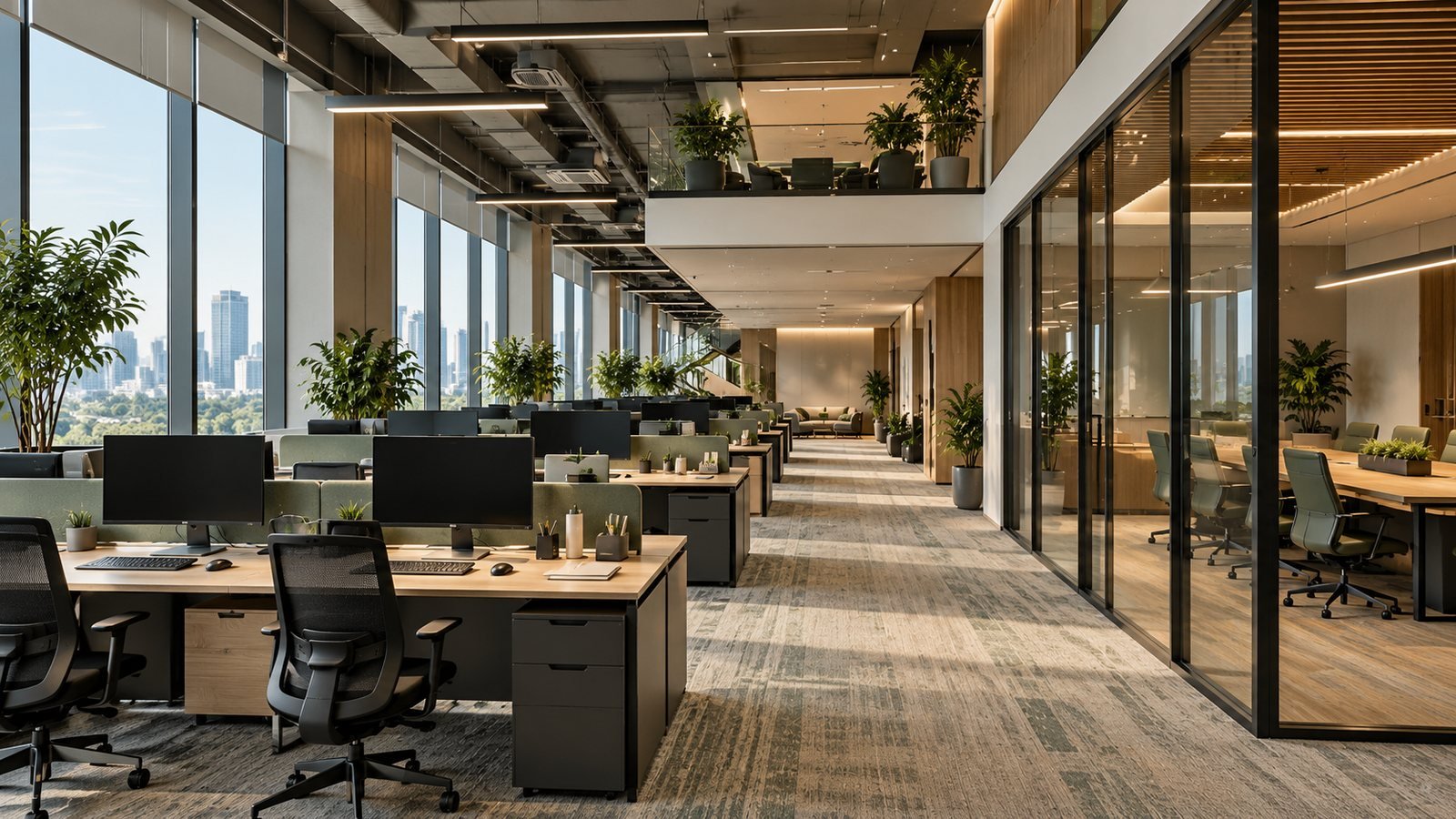 Open-plan office with greenery, glass partitions and city views