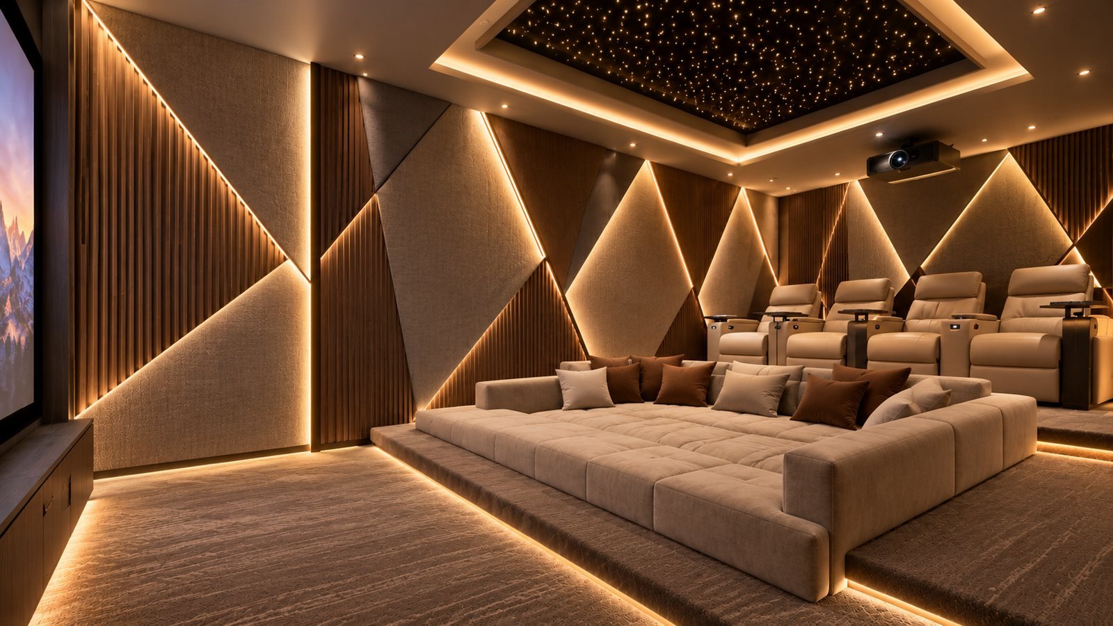 Home theatre with geometric lit wall panels and a starry ceiling